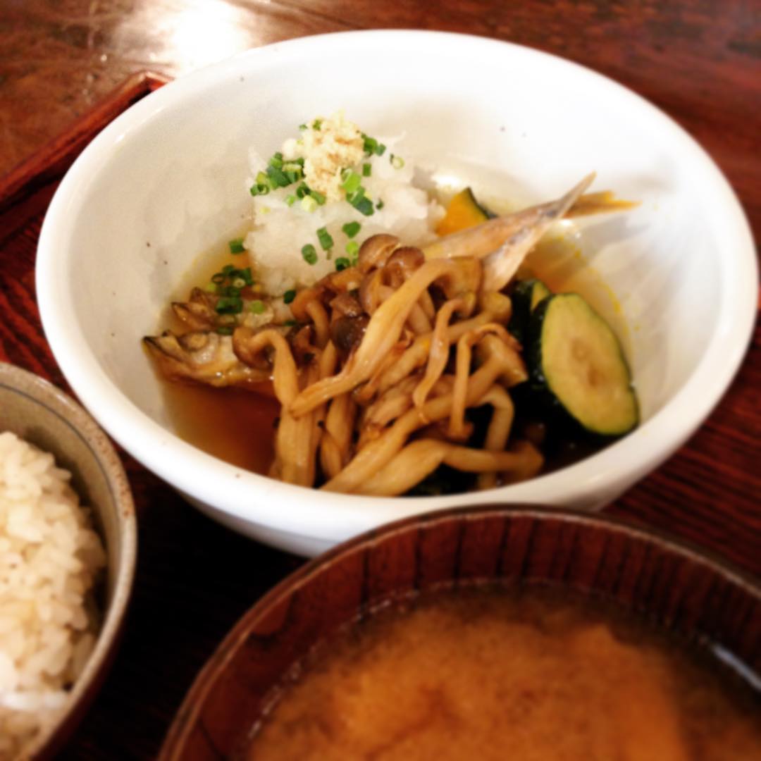 「ししゃもとかぼちゃ きのこの揚げびたし」です。
これは！これは！！！
個人的に今年一番のメニューでした！
丁寧にとったお出汁にほくほくかぼちゃに、香ばしいししゃも。大根おろしと生姜で味がさっぱりと。これはご飯がすすみます。(うめ)