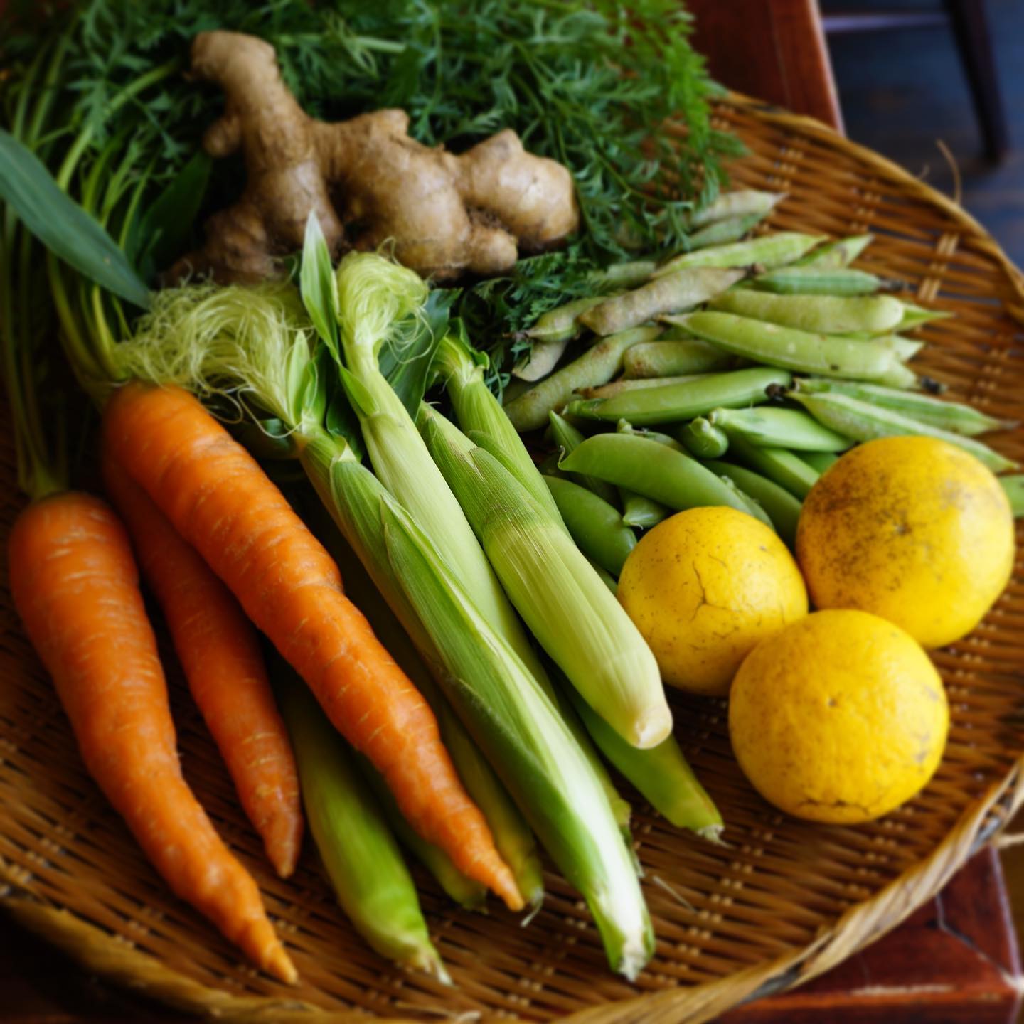 高知・森田農園さんから、お野菜直送便が届くようになりますよー！
というわけで、第一便はもうすぐ季節も終わってしまう小夏！スナップえんどう、青えんどう豆、赤えんどう豆、ヤングコーン、柿味にんじん、生姜！
どうですこの美しさ！ピッチピチです。さて、何にしようかな？と考える楽しみ。（麻）
