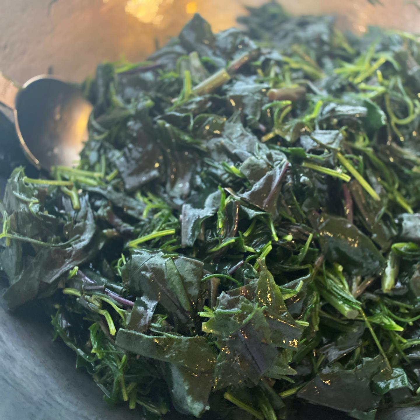 この組み合わせが好き！
お向かいのボン・マルシェさんにたまに入荷している「金時草」の、ぬるっとした食感に独特の山菜みたいな風味が好きで、おかひじきのシャキッとした食感と合わせて「金時草とおけひじきのわさび和え」でお出ししております。これ、店長の好きなわさび和えランキングかなり上位ですね。今の季節だけ！小さなお惣菜、ぜひお試しください♪（麻）