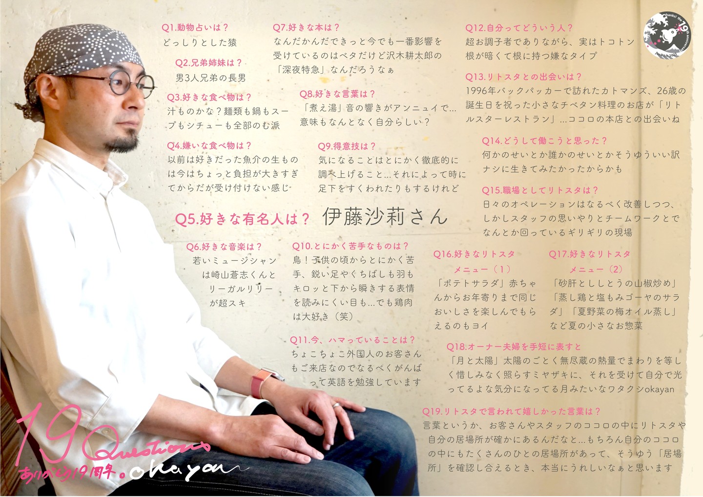 あー、そして2004年開店当時からおりますのが当店オーナー（その2）でもありますワタクシokayan（笑）。いや、こうしてお店なんて長くやっているのもあって？お客さんにはちょっと「いいヒト」なんて思われているのでは？なんてちらりと思っているのですが（それはそれでいいことなんですけど）、実際は臆病で心配性で石橋を叩いて壊して用心深くて損得で、でも迂闊で調子に乗りやすい小さい男でございますとも、えぇ、そのあたり以後お見知り置きを（苦笑）。

Q1.動物占いは? 
どっしりとした猿 

Q2.兄弟姉妹は? 
男3人兄弟の長男 

Q3.好きな食べ物は? 
汁ものかな?麺類も鍋もスープもシチューも全部のむ派

Q4.嫌いな食べ物は? 
以前は好きだった魚介の生ものは今はちょっと負担が大きすぎてからだが受け付けない感じ

Q5.好きな有名人は?  伊藤沙莉さん 

Q6.好きな音楽は? 
若いミュージシャンは崎山蒼志くんとリーガルリリーが超スキ 

Q7.好きな本は? 
なんだかんだできっと今でも一番影響を受けているのはベタだけど沢木耕太郎の「深夜特急」なんだろうなぁ

Q8.好きな言葉は? 
「煮え湯」音の響きがアンニュイで... 意味もなんとなく自分らしい? 

Q9.得意技は? 
気になることはとにかく徹底的に 調べ上げること...それによって時に足下をすくわれたりもするけれど 

Q10.とにかく苦手なものは? 
鳥!子供の頃からとにかく苦手、鋭い足やくちばしも羽もキロッと下から瞬きする表情を読みにくい目も...でも鶏肉は大好き(笑) 

Q11.今、ハマっていることは? 
ちょこちょこ外国人のお客さんもご来店なのでなるべくがんばって英語を勉強しています

Q12.自分ってどういう人? 
超お調子者でありながら、実はトコトン根が暗くて根に持つ嫌なタイプ

Q13.リトスタとの出会いは? 
1996年バックパッカーで訪れたカトマンズ、26歳の誕生日を祝った小さなチベタン料理のお店が「リトルスターレストラン」...ココロの本店との出会いね 

Q14.どうして働こうと思った? 
何かのせいとか誰かのせいとかそうゆういい訳ナシに生きてみたかったからかも

Q15.職場としてリトスタは? 
日々のオペレーションはなるべく改善しつつ、しかしスタッフの思いやりとチームワークとでなんとか回っているギリギリの現場

Q16.好きなリトスタメニュー(1) 
「ポテトサラダ」赤ちゃんからお年寄りまで同じおいしさを楽しんでもらえるのもヨイ

Q17.好きなリトスタメニュー(2) 
「砂肝とししとうの山椒炒め」「蒸し鶏と塩もみゴーヤのサラダ」「夏野菜の梅オイル蒸し」など夏の小さなお惣菜

Q18.オーナー夫婦を手短に表すと 
「月と太陽」太陽のごとく無尽蔵の熱量でまわりを等しく惜しみなく照らすミヤザキに、それを受けて自分で光ってるよな気分になってる月みたいなワタクシokayan 

Q19.リトスタで言われて嬉しかった言葉は? 
言葉というか、お客さんやスタッフのココロの中にリトスタや自分の居場所が確かにあるんだなと...もちろん自分のココロ の中にもたくさんのひとの居場所があって、そうゆう「居場所」を確認し合えるとき、本当にうれしいなぁと思います

#19周年ポスター