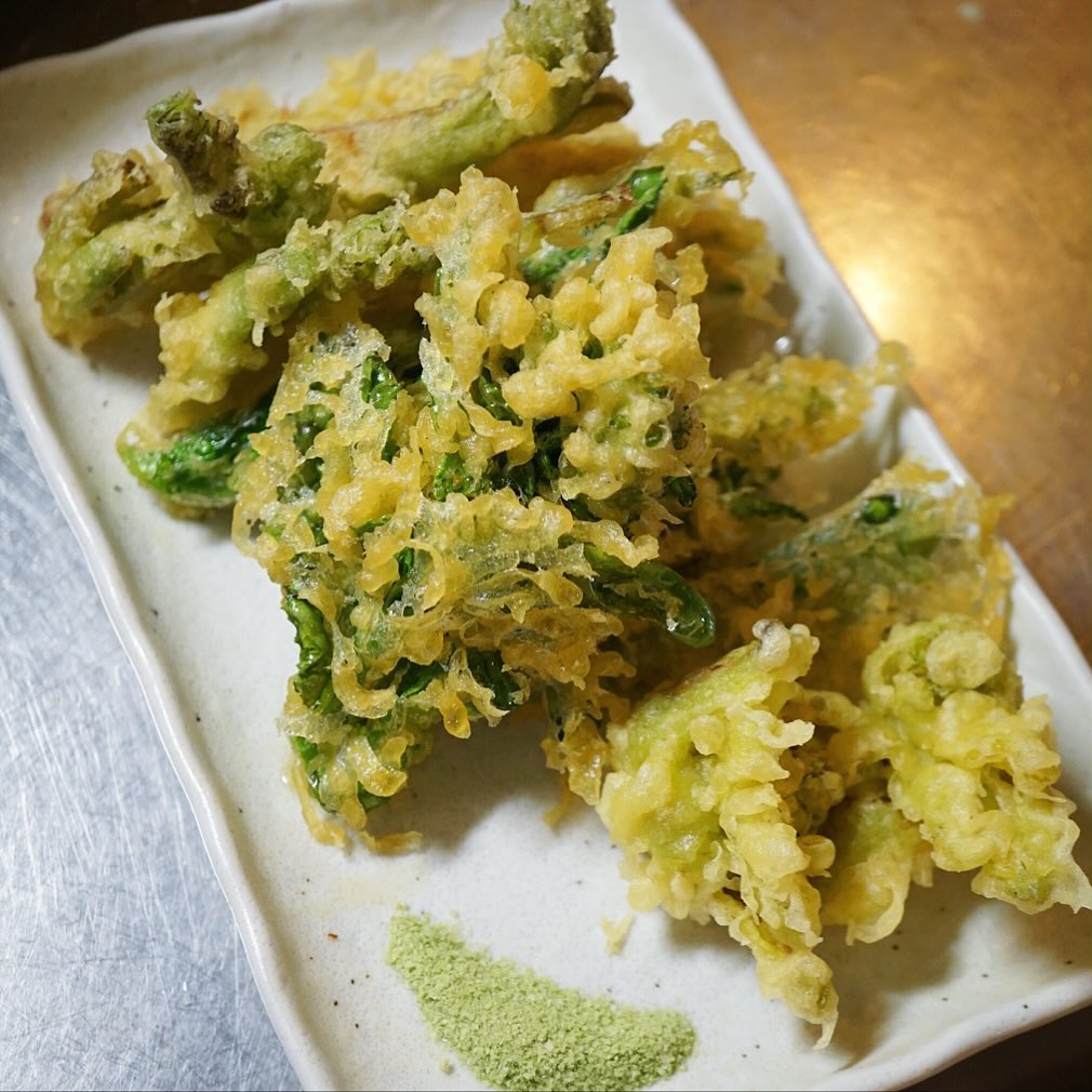 まだまだ冬まっしぐらですけど、早春の味覚もぼちぼち登場ですよ！「山菜の天ぷら盛りあわせ」！今夜は菜の花、山うど、ふきのとうにたらの芽の４種！からり揚げたてあつあつを抹茶塩でどうぞー！日本酒新酒にもうってつけ！（お）