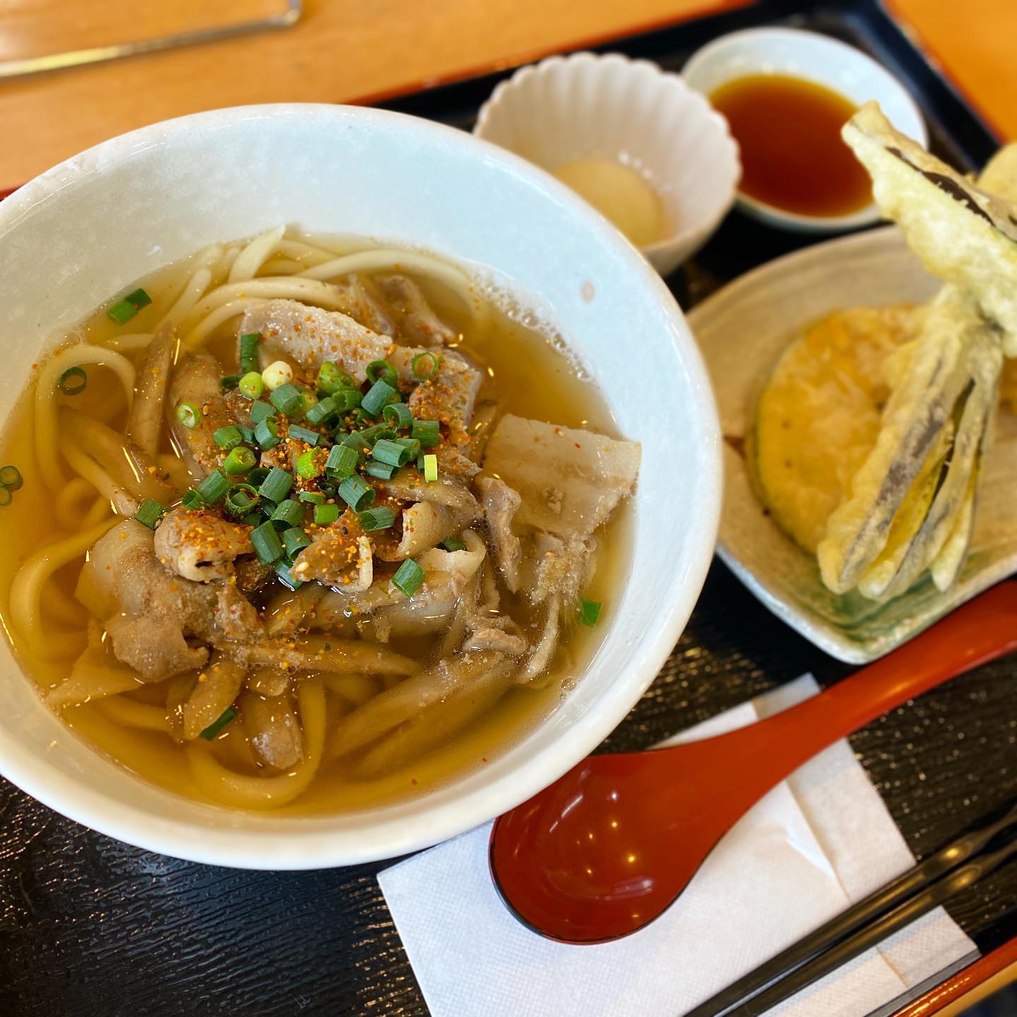 火曜日なら来れるね、おもむく食堂。本日は冬季限定肉うどんと、野菜天。からあげは売り切れで残念…家におやつがあるからプリンも我慢の子。