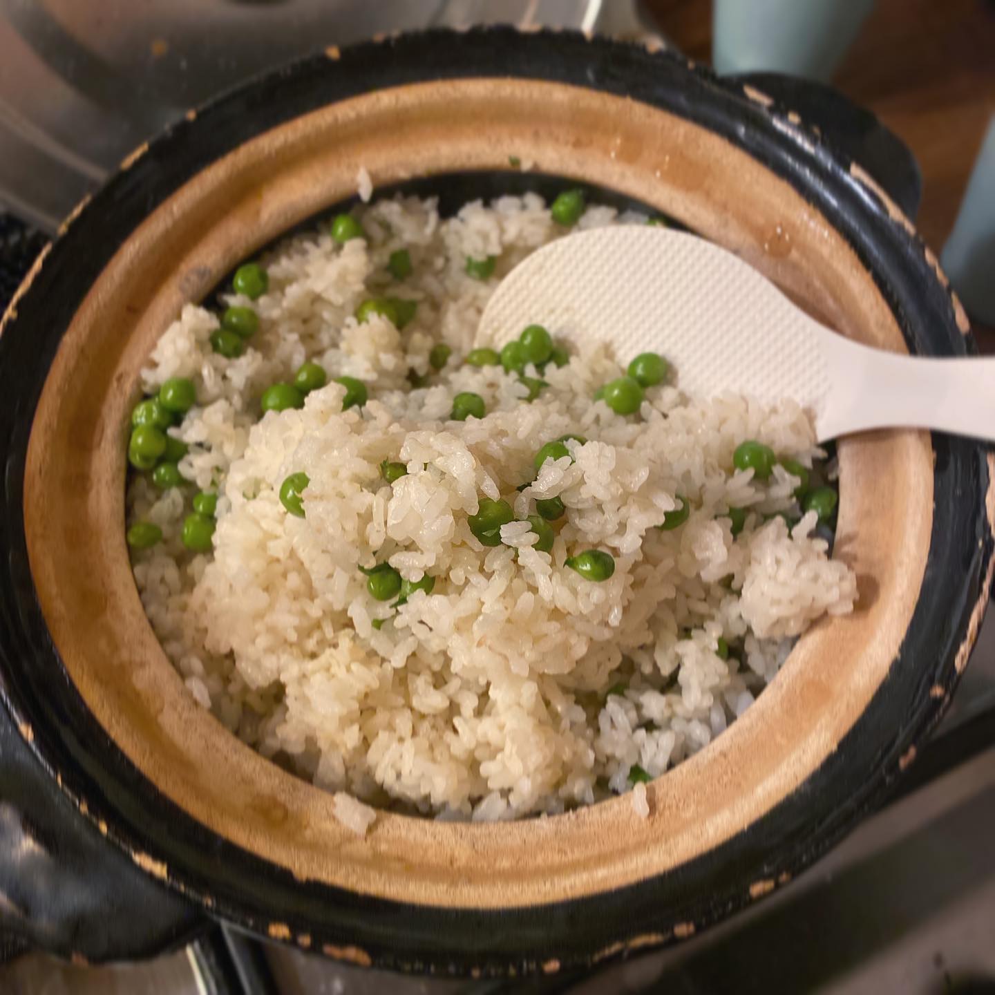 今日は豆ごはん
グリーンピースって子どもの頃冷凍食品で食べて苦手だったけど、大人になり春の生のグリーンピースを知ってから大好きになった。反動で、グリーンピースを見ると買わずにいられない…大家さんであるヒロヤショップさんに並び始めると、最初は高いから少し待って盛りになって値段が落ち着いてから買うんだけど、今年は出始めから安い！珍しいなーとついつい今シーズン初の豆ごはん。でもやっぱりまだサヤの中の豆は小さめかも。盛りになればムッチリとサヤの中が狭いよー！という感じのグリーンピースがヒロヤショップに入荷するはずだ！そら豆もまだまだ初々しいし。春の盛りが待ち遠しい。