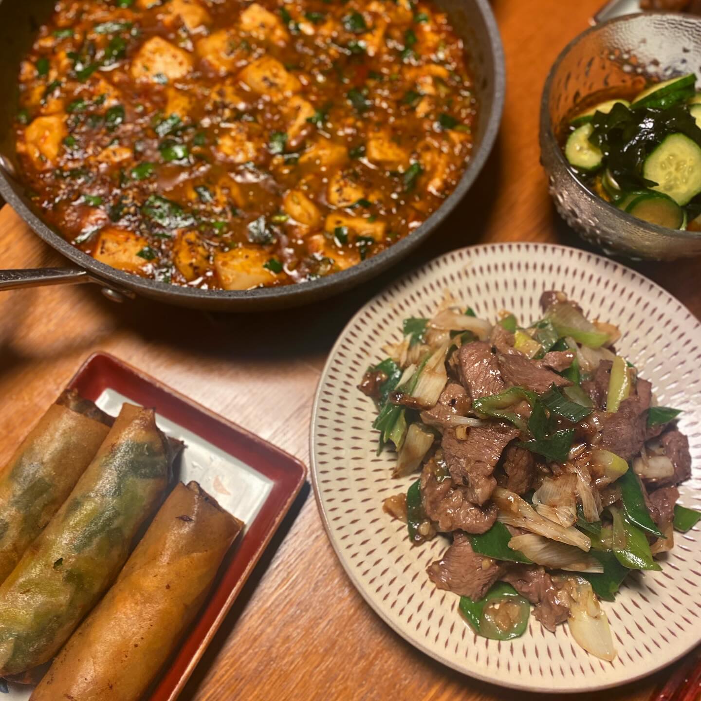 中華な晩酌…ツレアイokayanは中華が大好き。自分でも作るし、こだわりがあるから、下手なもの作れんわ…。
牛肉とネギのオイスターソース炒め、麻婆豆腐、ナスとニラと海老の春巻き、ワカメときゅうりの中華風酢の物。麻婆豆腐はだいたい陳建一さん風。