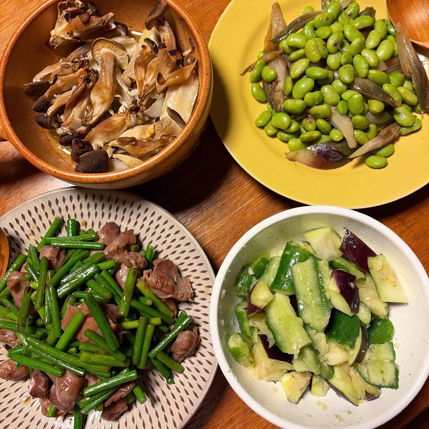 昨日は調子に乗って、コロナ後初のカラオケに行ってしまった夜更かししてよく飲んだので、今日の晩酌は野菜寄り。
きのこと蓮根のロースト、枝豆と茗荷の炒め物、胡瓜と水茄子の冷菜、砂肝とにんにくの芽の炒め物。
茗荷と枝豆炒めのお皿は、誕生日にぬまっち・ウメさん・いのっちからもらった関口憲孝さんのもの。思った以上に可愛く盛れました。